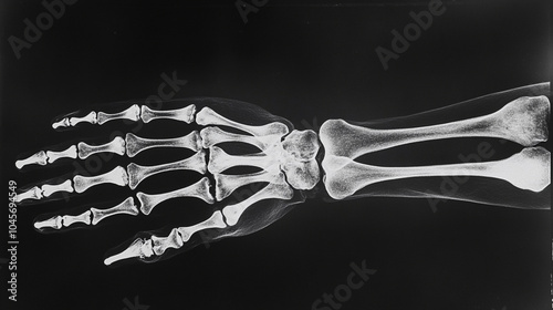 An X-ray image of a hand, showing bones and joints in clear detail
