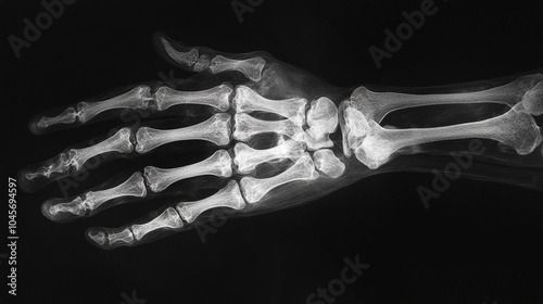 An X-ray image of a hand, showing bones and joints in clear detail