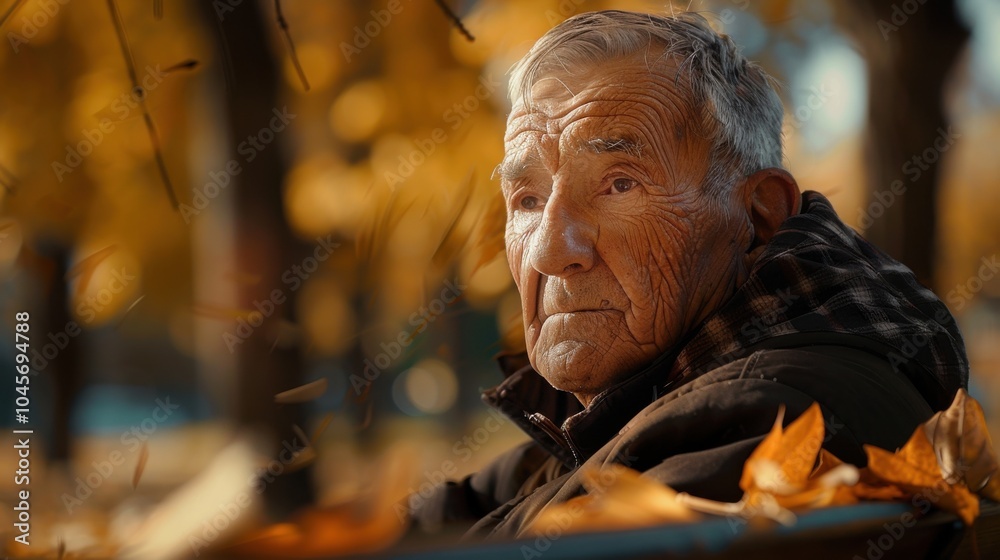 An elderly man sits on a park bench surrounded by vibrant autumn leaves, reflecting on life in a serene park setting on a sunny afternoon An elderly man sits on a park bench surrounded by vibrant autumn leaves, reflecting on life in a serene park setting on a sunny afternoon