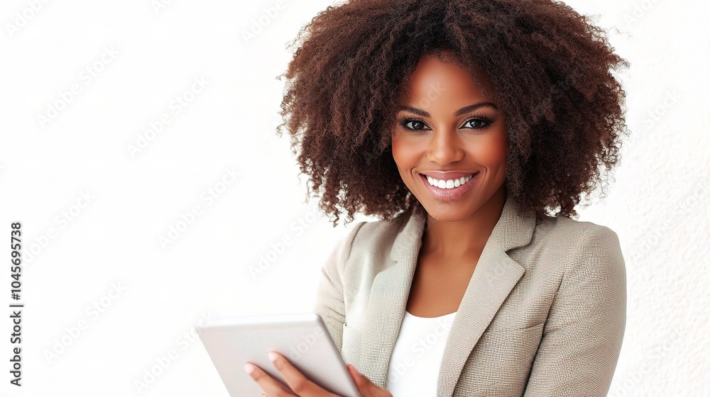 Smiling Woman with Tablet in Professional Attire Smiling Woman with Tablet in Professional Attire