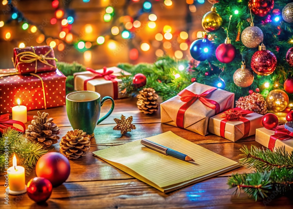 Festive Christmas List on a Cozy Table with Gifts and Decorations Festive Christmas List on a Cozy Table with Gifts and Decorations