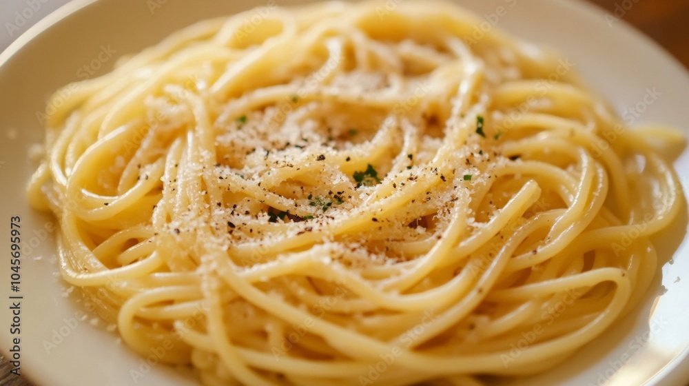 A steaming plate of freshly prepared spaghetti is presented, topped with grated cheese and freshly cracked pepper. The setting suggests a cozy, inviting restaurant atmosphere A steaming plate of freshly prepared spaghetti is presented, topped with grated cheese and freshly cracked pepper. The setting suggests a cozy, inviting restaurant atmosphere
