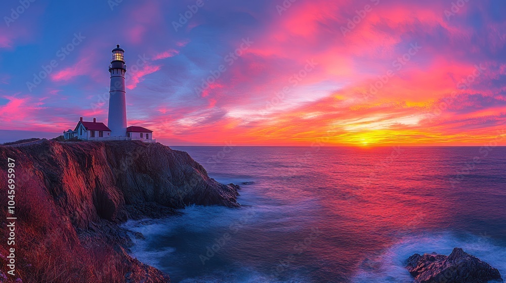 A vibrant sunset over a lighthouse by the ocean, showcasing nature's beauty and tranquility. A vibrant sunset over a lighthouse by the ocean, showcasing nature's beauty and tranquility.