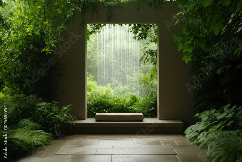 tranquil rainforest spa featuring detoxifying water feature surrounded by lush greenery. serene atmosphere invites relaxation and rejuvenation photo