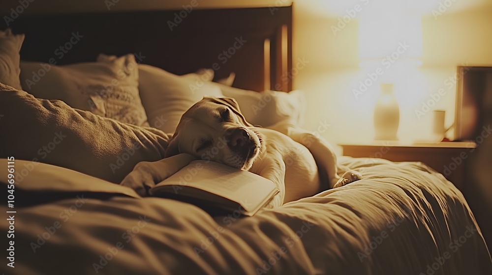 A cozy white dog peacefully sleeps on an open book in a softly lit bedroom. A cozy white dog peacefully sleeps on an open book in a softly lit bedroom.