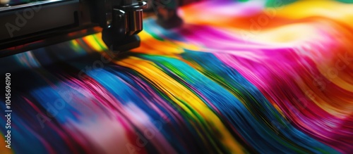 Close up of a printing press printing colorful stripes on fabric.