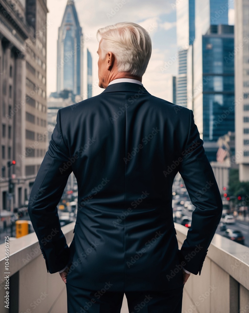Stylish Man in Black Suit Against Urban Skyline Stylish Man in Black Suit Against Urban Skyline
