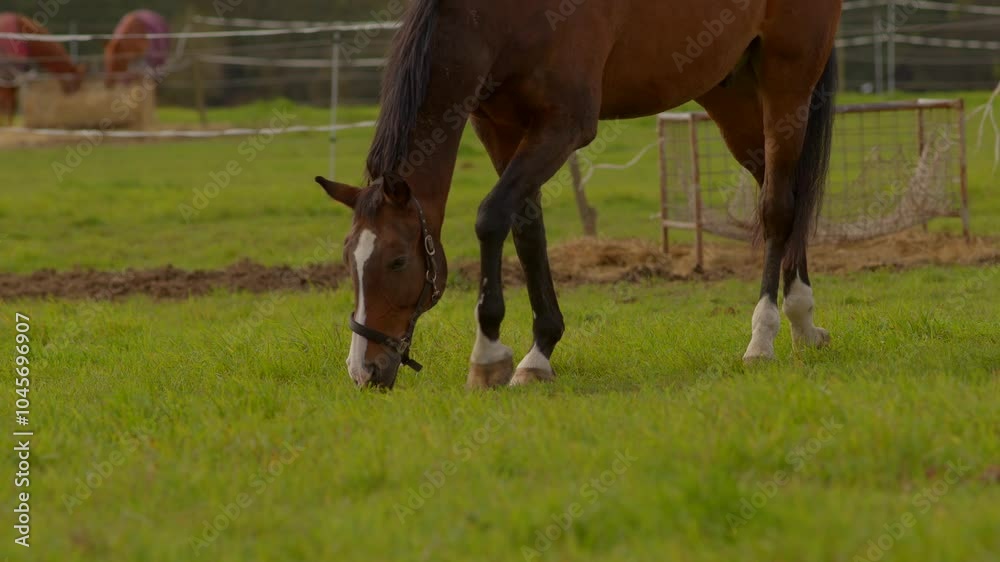 A stunningly beautiful horse is peacefully grazing on lush green grass in a vast, open field under the sky A stunningly beautiful horse is peacefully grazing on lush green grass in a vast, open field under the sky