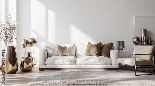 Modern minimalist white living room with beige and gold accents, perfect for home decor inspiration, interior design magazines, and luxury lifestyle content. photo