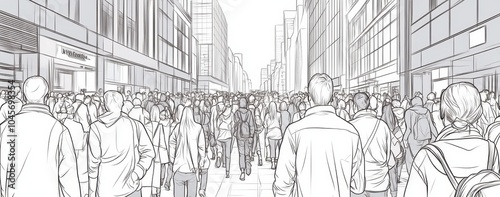 A black and white line drawing of people in a city crowd, walking on the street, a street view Generative AI