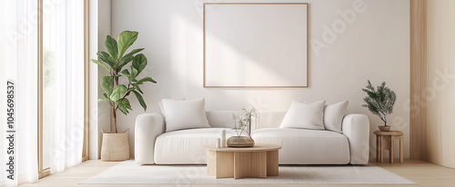 Minimalist white living room with natural wood accents, sunlight through curtains, modern Scandinavian-inspired furniture design for a cozy and serene home interior. photo