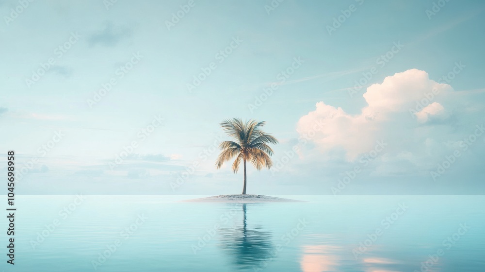 Fototapeta premium A secluded tropical island stands alone with a solitary palm tree, surrounded by clear waters and soft pastel clouds. Generative AI