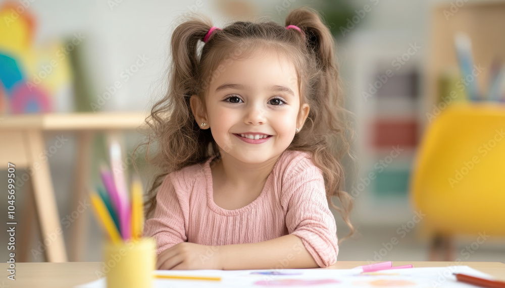 Smiling girl with curly hair in art class, surrounded by colorful drawings and art supplies, radiating joy and creativity Smiling girl with curly hair in art class, surrounded by colorful drawings and art supplies, radiating joy and creativity