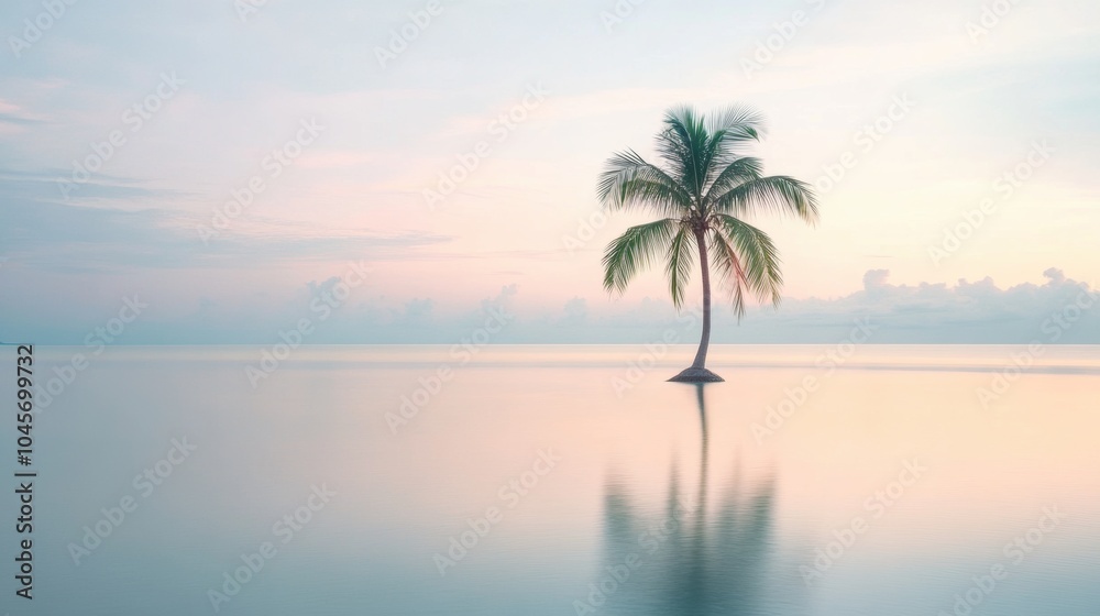 A serene tropical island showcases a lone palm tree reflecting in still waters during the gentle dawn light, creating a peaceful atmosphere. Generative AI A serene tropical island showcases a lone palm tree reflecting in still waters during the gentle dawn light, creating a peaceful atmosphere. Generative AI