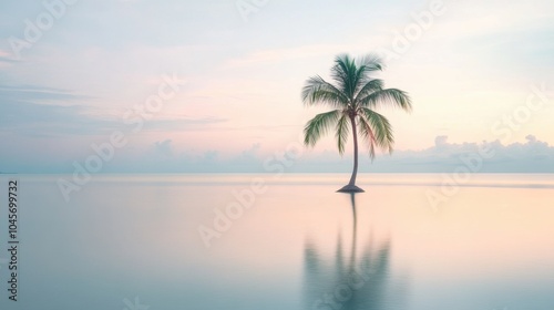 A serene tropical island showcases a lone palm tree reflecting in still waters during the gentle dawn light, creating a peaceful atmosphere. Generative AI