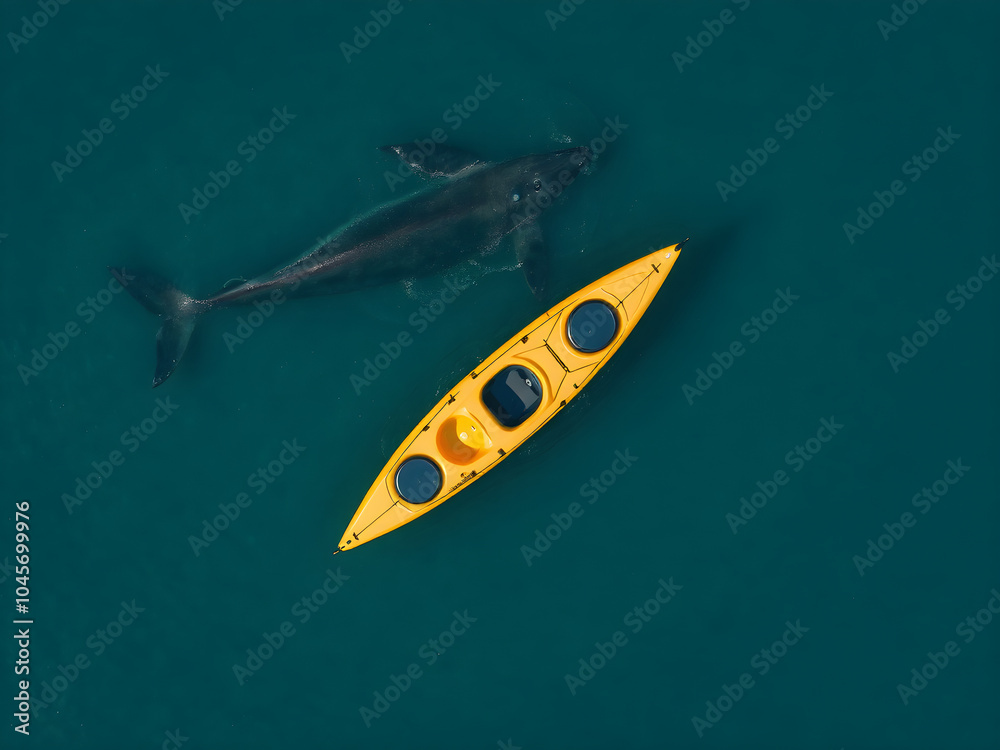 The image is an aerial view of a yellow kayak floating in the middle of the ocean. The kayak is in the center of the image, with two humpback whales visible in the background. The whales are swimming The image is an aerial view of a yellow kayak floating in the middle of the ocean. The kayak is in the center of the image, with two humpback whales visible in the background. The whales are swimming