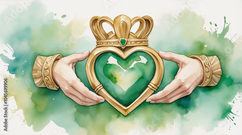 Celtic Claddagh ring: golden heart-shaped crown held by hands in a vibrant watercolor style