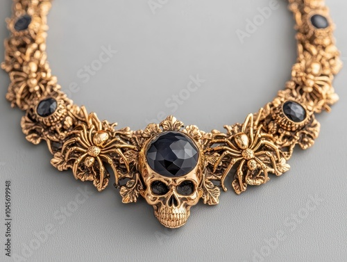 Gothicinspired gold and gemstone necklace with skull and spider designs, Halloween gothic jewelry, luxury spooky decor photo