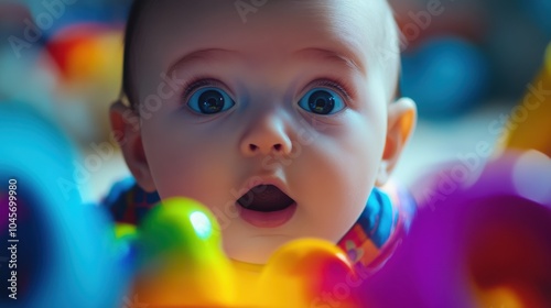 Curious baby exploring colorful toys indoors with wide eyes during a playful moment