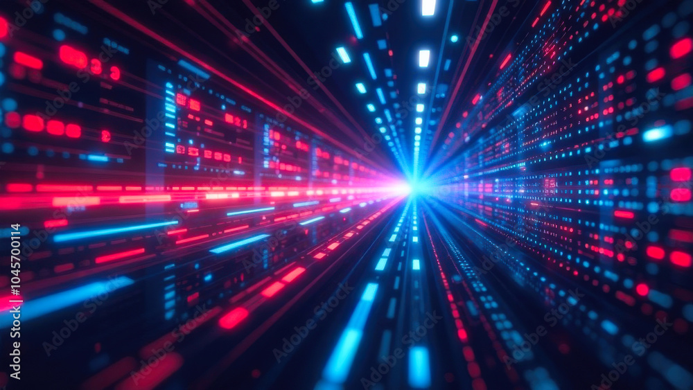 Red and blue streaks of light traveling at high speed through a digital space filled with binary code, creating a sense of motion and technological advancement