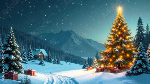 Snowy mountain landscape at night with a large illuminated christmas tree and presents in the foreground and a cozy cabin in the background