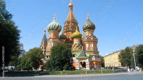St. Basil's Cathedral in Moscow under a clear blue sky.