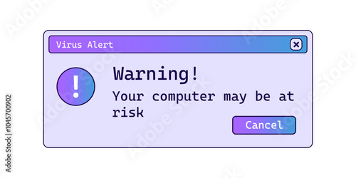 Warning retro notification window with gradient in purple color. Old retro message on screen.