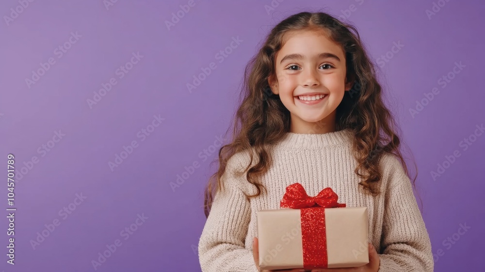 A cheerful young girl with wavy hair, beams with joy, holding a beautifully wrapped gift against a vibrant purple backdrop. A cheerful young girl with wavy hair, beams with joy, holding a beautifully wrapped gift against a vibrant purple backdrop.