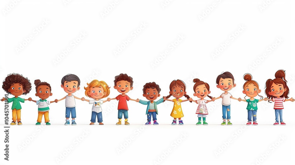A group of diverse children stand in a line holding hands, smiling and looking happy. A group of diverse children stand in a line holding hands, smiling and looking happy.