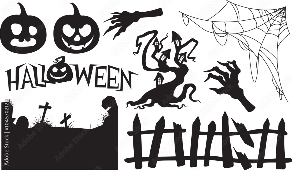 Collection of Halloween silhouettes. Haunted house, creepy tree, flying witch, pumpkins, halloween ghost, owl, coffin lid etc