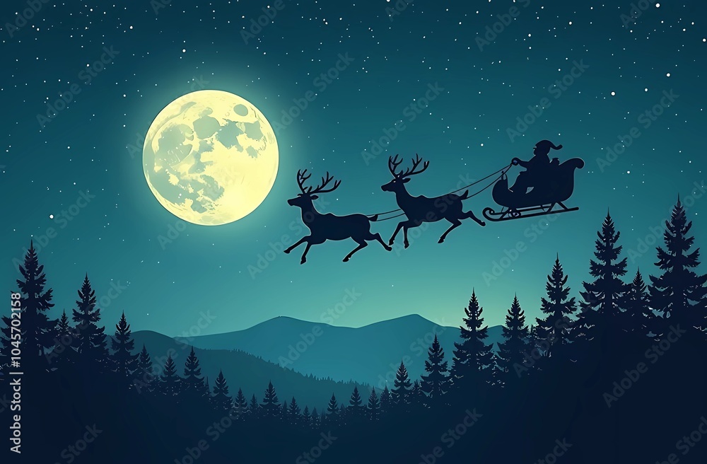 Naklejka premium Christmas Card. Silhouette of reindeer flying in sleigh with Santa Claus against the background of full moon and starry sky over pine forest.