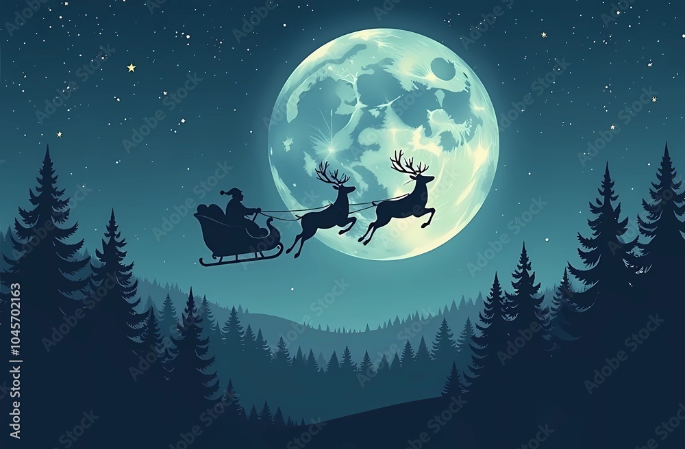 Naklejka premium Christmas Card. Silhouette of reindeer flying in sleigh with Santa Claus against the background of full moon and starry sky over pine forest.