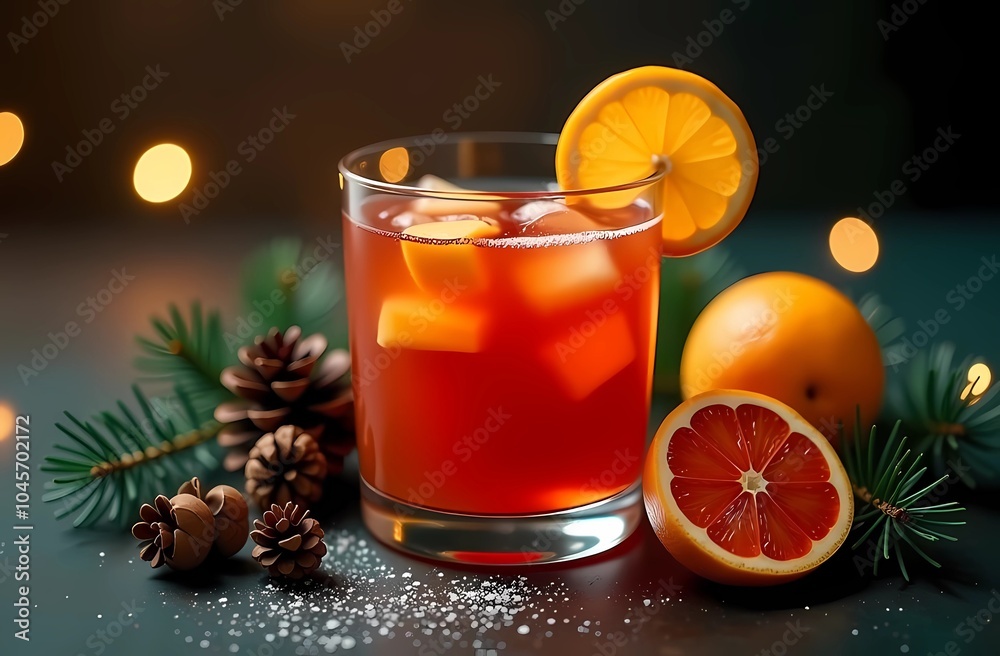A glass of holiday punch stands among spruce branches, pinecones and citrus slices, creating a cozy atmosphere for the winter holidays A glass of holiday punch stands among spruce branches, pinecones and citrus slices, creating a cozy atmosphere for the winter holidays
