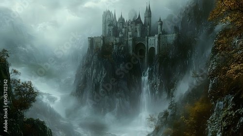 Mystical castle perched on a mountain surrounded by mist and waterfalls.