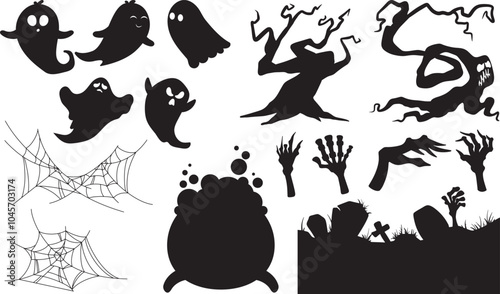 Collection of Halloween silhouettes. Haunted house, creepy tree, flying witch, pumpkins, halloween ghost, owl, coffin lid etc