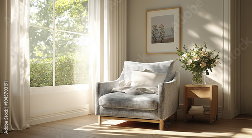 Cozy reading nook with armchair by a large window, sunlight filtering through, ideal for home interior inspiration, relaxation, and peaceful modern living room decor. photo