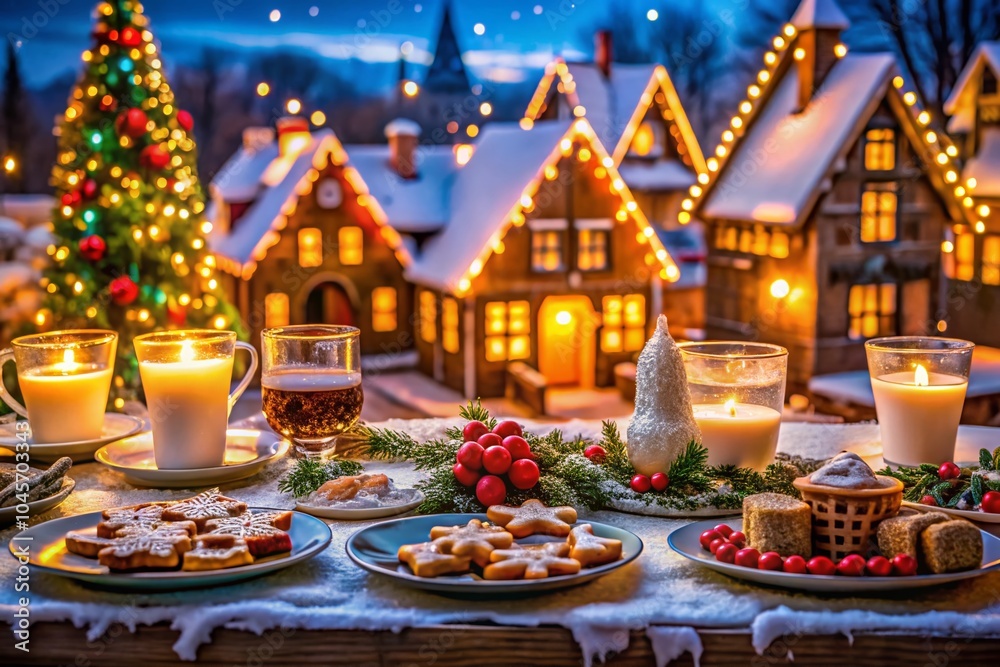 Festive Food Photography with Christmas Lights and Decorated Houses for Holiday Celebrations Festive Food Photography with Christmas Lights and Decorated Houses for Holiday Celebrations
