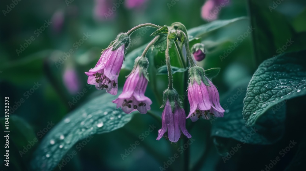 Comfrey Blossoms in a Verdant Herb Garden Setting Comfrey Blossoms in a Verdant Herb Garden Setting