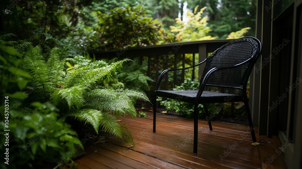 A black chair sits on a wooden deck surrounded by lush greenery and raindrops. A black chair sits on a wooden deck surrounded by lush greenery and raindrops.