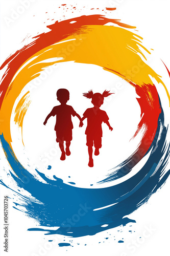 Colorful abstract design featuring silhouettes of a boy and girl running, promoting childhood joy, play, and creativity, ideal for children’s event branding and playful marketing concepts. photo