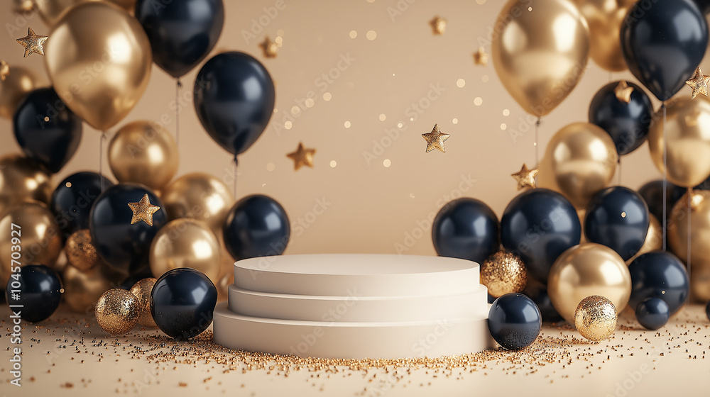 product podium, Elegant beige and black balloon decorations with gold stars for luxury celebration event designs, perfect for party invitations, festive promotions, and New Year event branding.