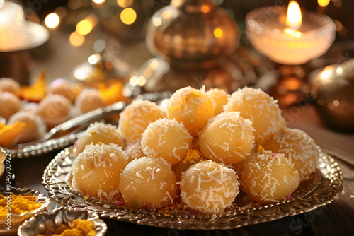 Diwali sweets adorned on a festive platter with glowing lamps in the background