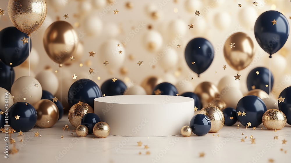 product podium, Elegant beige and black balloon decorations with gold stars for luxury celebration event designs, perfect for party invitations, festive promotions, and New Year event branding.