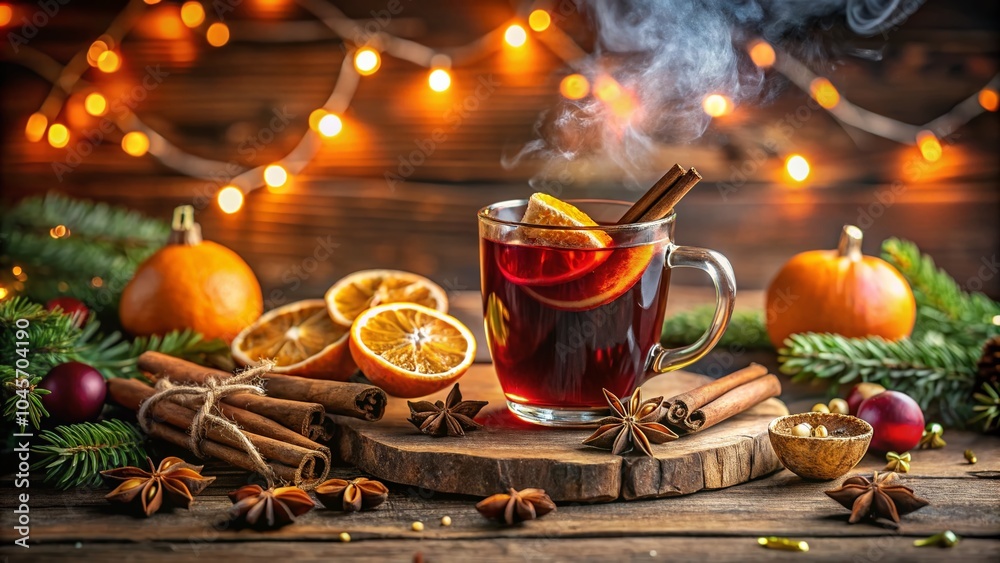 Fototapeta premium Festive Hot Mulled Wine with Oranges and Spices for Holiday Celebrations