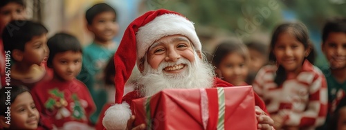 Happy Santa Claus distributing gifts Christmas in children with smiling face  photo