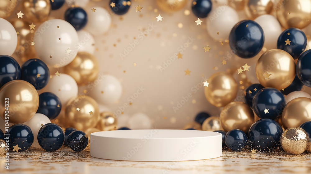 product podium, Elegant beige and black balloon decorations with gold stars for luxury celebration event designs, perfect for party invitations, festive promotions, and New Year event branding. product podium, Elegant beige and black balloon decorations with gold stars for luxury celebration event designs, perfect for party invitations, festive promotions, and New Year event branding.