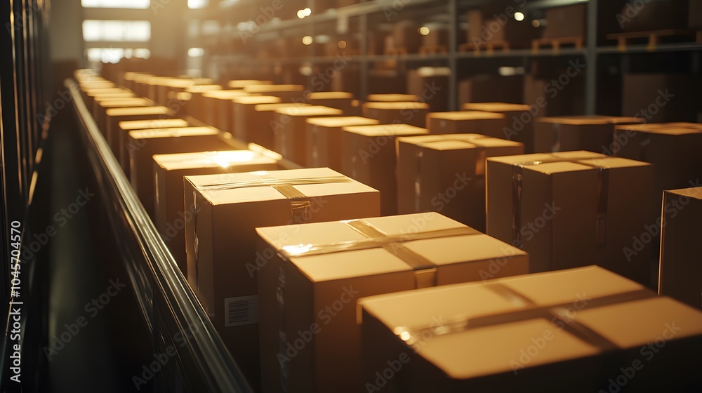 An organized warehouse filled with neatly stacked cardboard boxes. An organized warehouse filled with neatly stacked cardboard boxes.