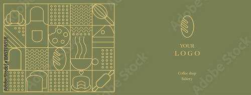 Hand drawn illustration of Bakery and Coffee. Icons. Abstract geometric line background. Gold luxury. Pattern for cover design, food package, menu, background, café wall, coffee shop, web banner