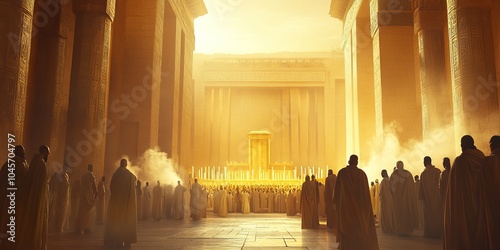 Majestic scene of Solomon s temple filled with priests and incense in a golden hued sacred space, Biblical religious stories, illustrations Christian faith in God photo