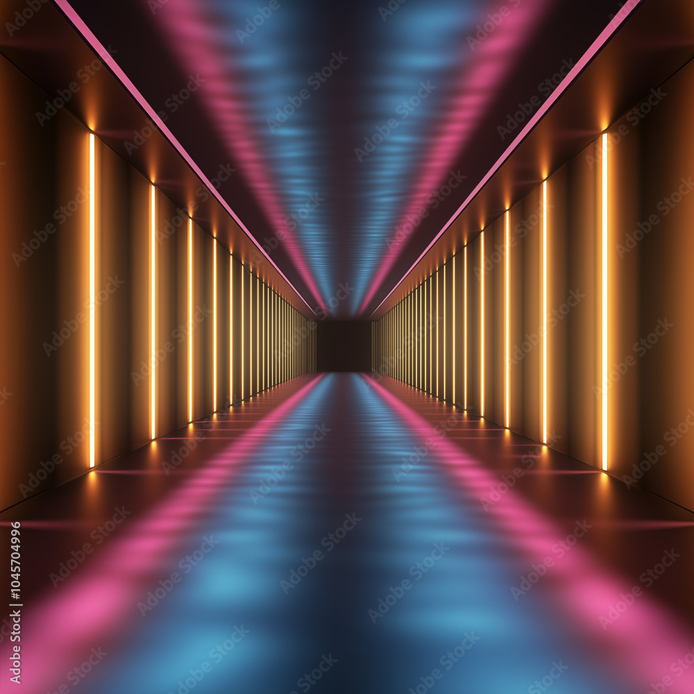 Fototapeta premium Futuristic Corridor with Neon and Gold Lighting in a Sleek Minimalist Style